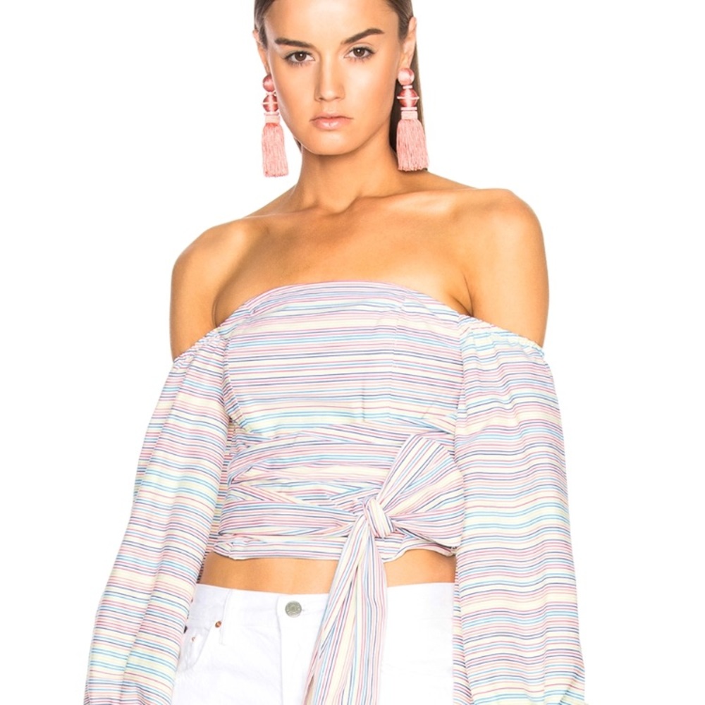 NICHOLAS
Rainbow Stripe Off Shoulder Wrap Top